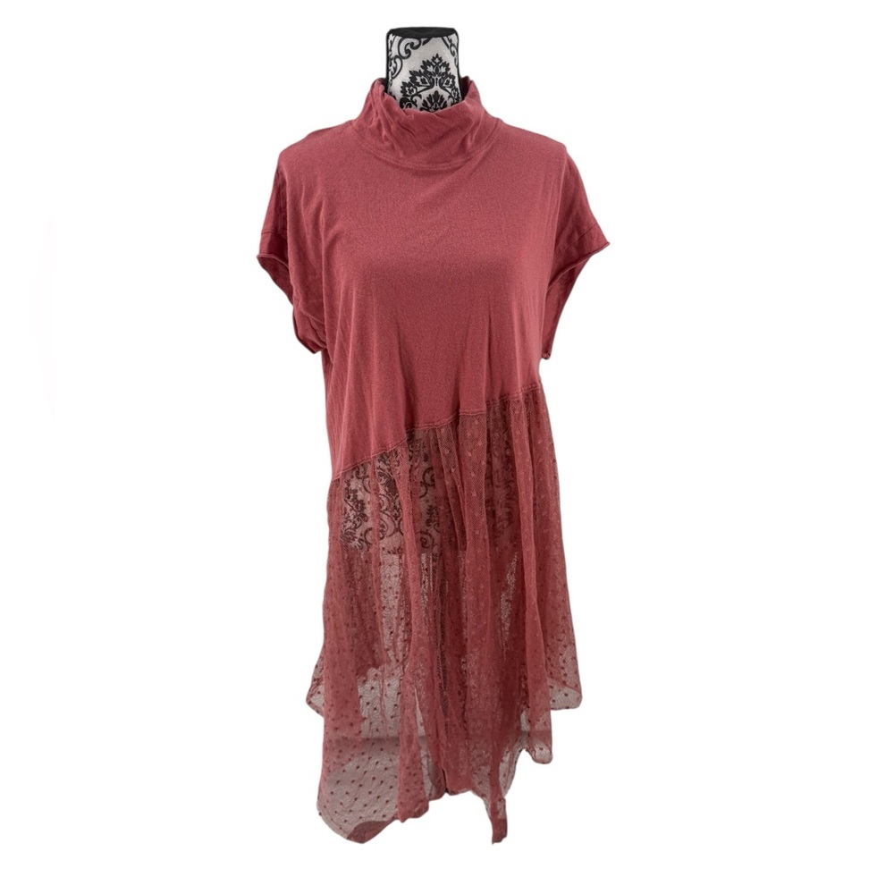 Free People High Neck Lace Hem Tunic Top Rosewood Pink Asymmetrical Boho Sheer S